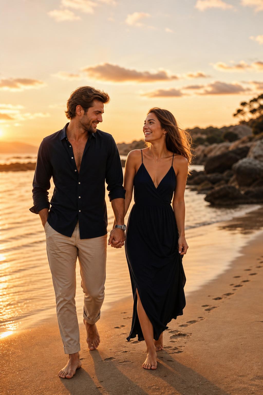 Happy couple walking hand in hand on a beach at golden hour, reconnecting through trust and love